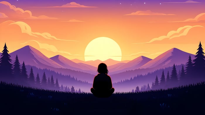 Person meditating on a mountain at sunset