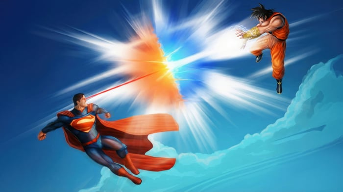 Superman and Goku clash with energy blasts