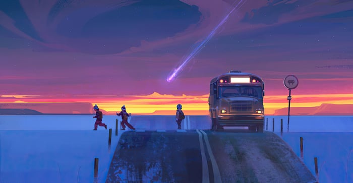 Children Race Towards a Meteor Shower and Bus