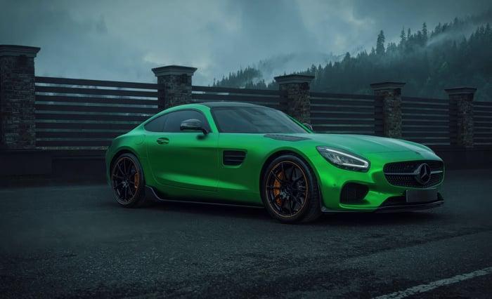 Green Mercedes-AMG GT R on a cloudy day
