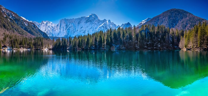 Lake with Snowy Mountains and Forest in Italy