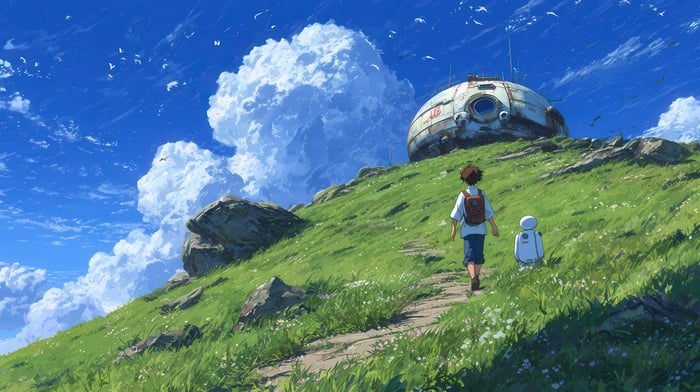 Anime Boy and Robot Walking on a Grassy Hill