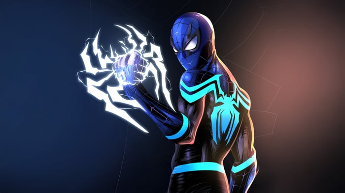 Spider-Man with blue and black suit and glowing spider emblem