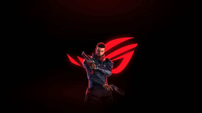 Republic of Gamers Logo with a Character Holding Guns