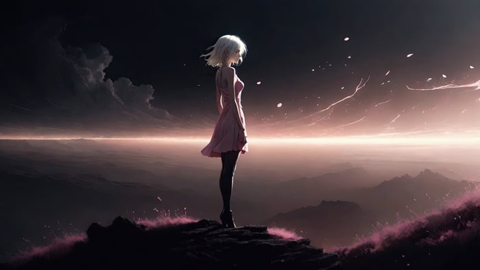 Girl in pink dress on a cliff