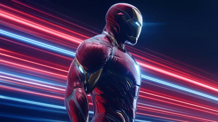 Iron Man in a dynamic pose with light streaks