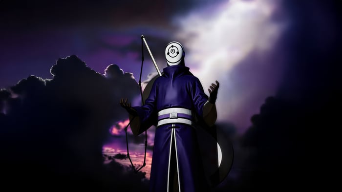 Obito Uchiha in a purple cloak with a mask