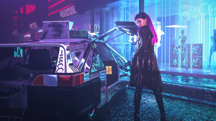 Cyberpunk girl with purple hair by a futuristic taxi