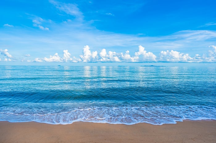 Ocean waves on a sandy beach under a blue sky with clouds