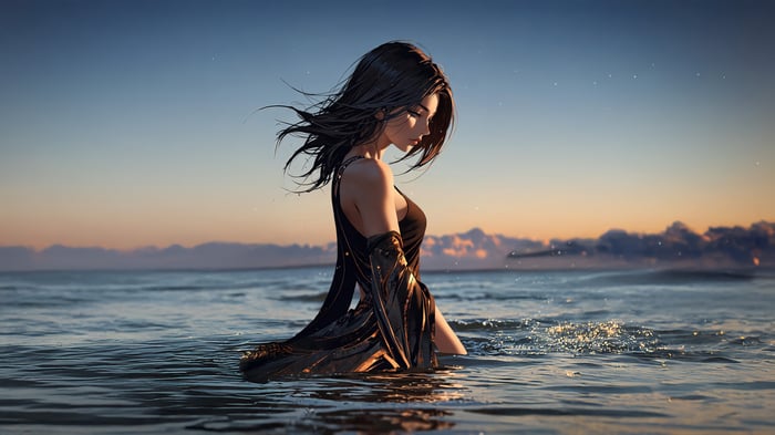 Anime Woman in Ocean at Sunset