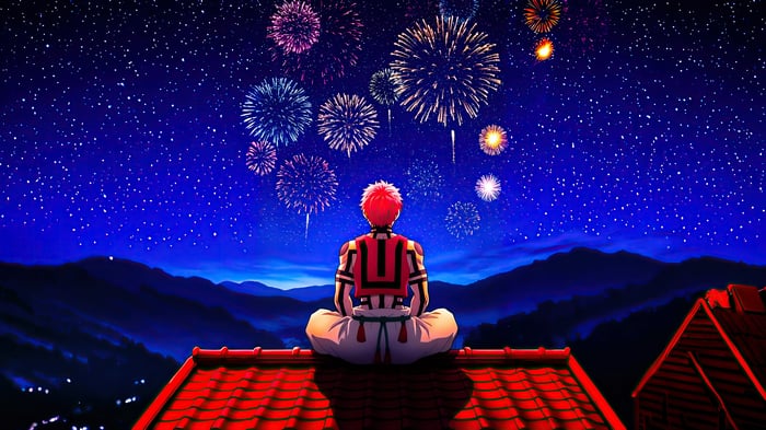 Akaza watches fireworks on a rooftop
