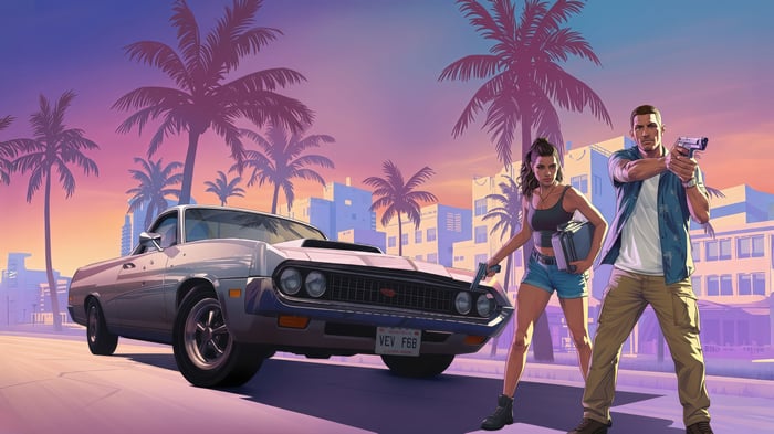 Grand Theft Auto VI characters with car and palm trees
