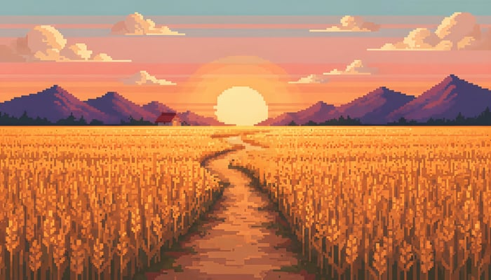 Pixel art wheat field at sunset with mountains