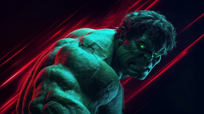 The Hulk with glowing green eyes and red streaks