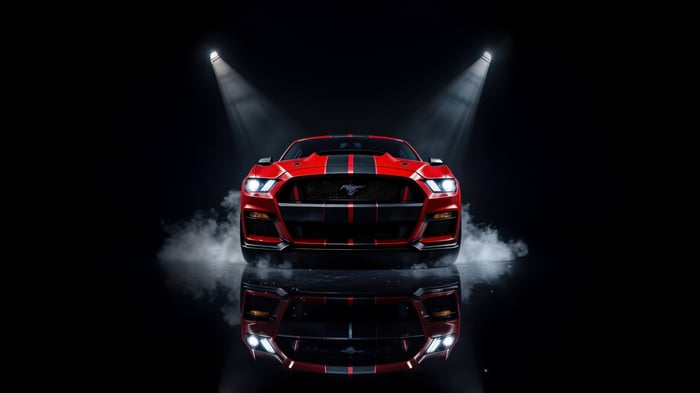 Red Ford Mustang Shelby GT500 with racing stripes