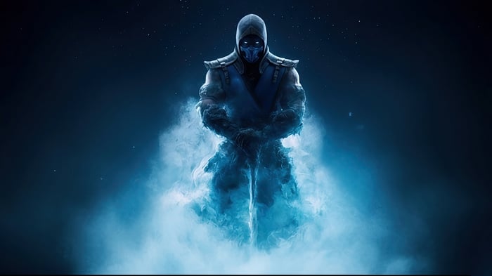 Sub Zero surrounded by blue ice and smoke