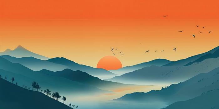 Minimalist mountain landscape with a sunset and birds