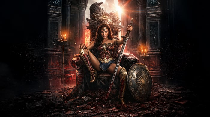 Wonder Woman on a throne with sword and shield