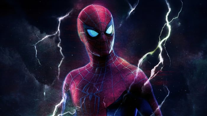 Spider-Man in a futuristic suit with lightning