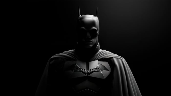 The Batman in a dark, dramatic pose