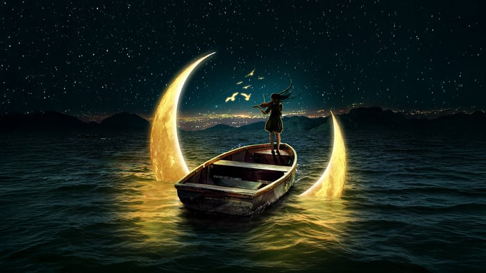 Girl playing violin on a boat between two moons