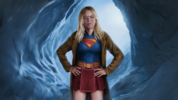 Supergirl Milly Alcock in a blue costume
