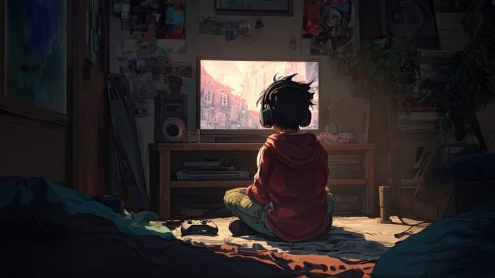 Person playing video games in a room