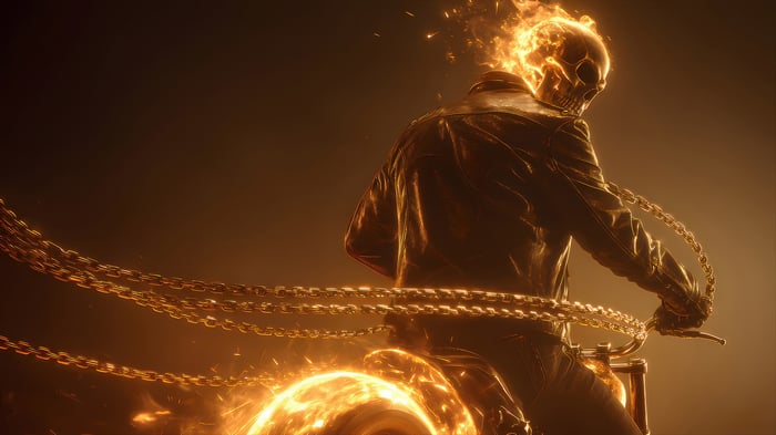 Ghost Rider on a motorcycle with flaming skull and chains