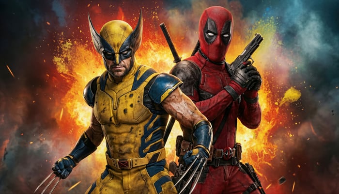 Deadpool and Wolverine in front of an explosion