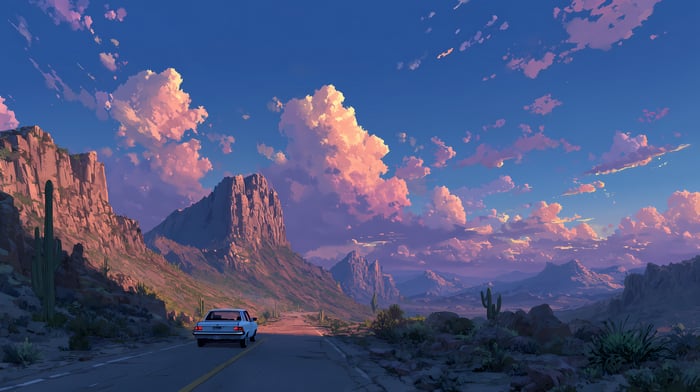 Car driving through desert canyon at sunset