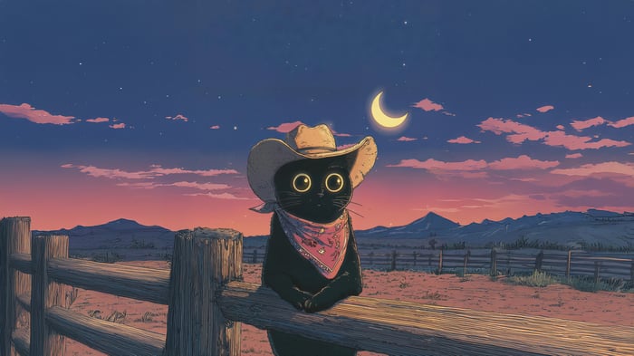Black Cat Cowboy In Desert Sunset