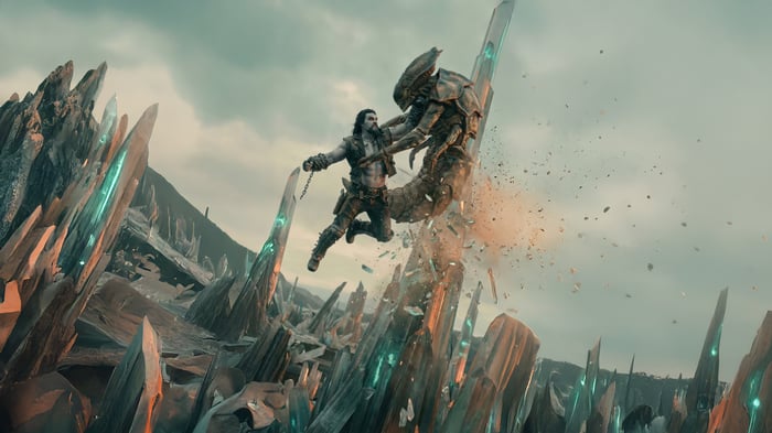 Lobo fighting an alien creature amidst crystals