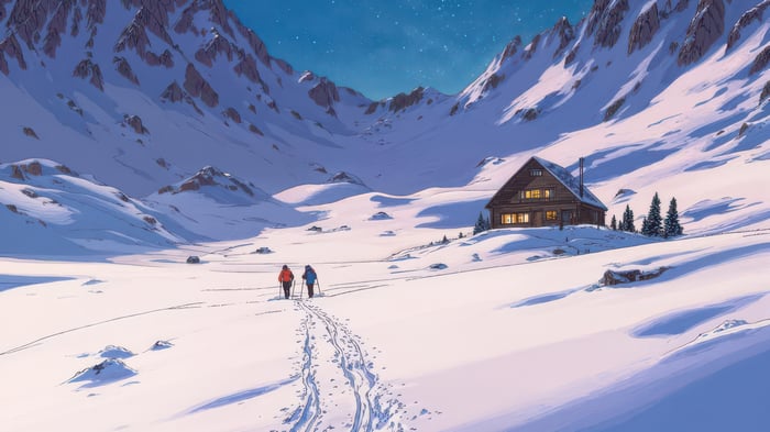 Two hikers walk through a snowy mountain valley towards a cabin.