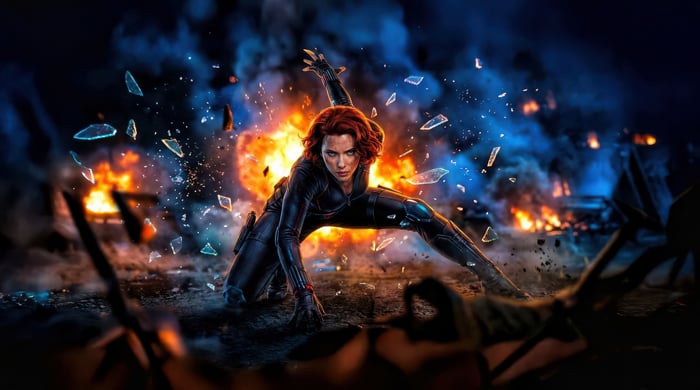 Black Widow in an explosion