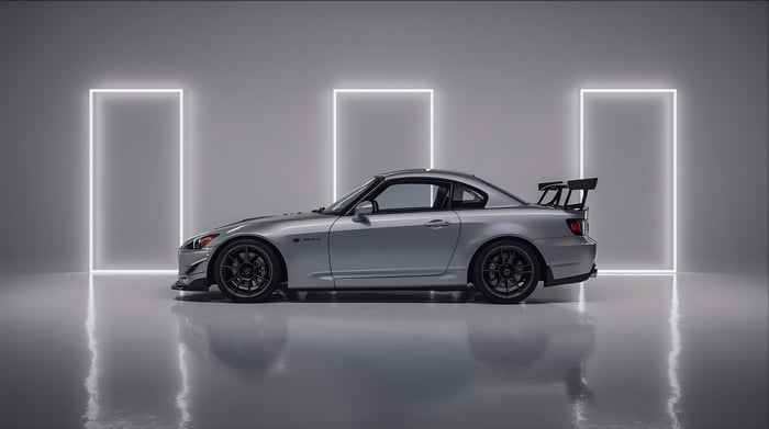 Silver Honda S2000 with a large rear spoiler