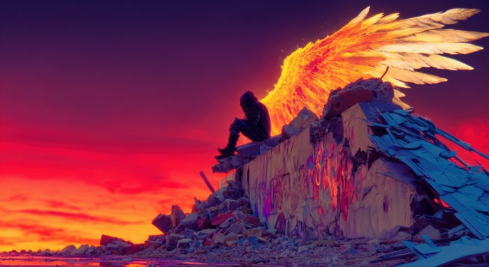Angel with Fiery Wings on Ruined Structure
