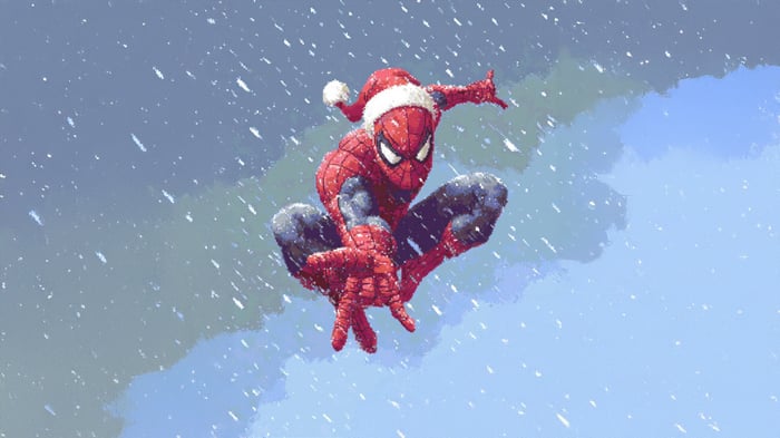 Spiderman Wearing Santa Hat in Snow
