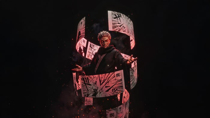 Ryomen Sukuna surrounded by manga panels