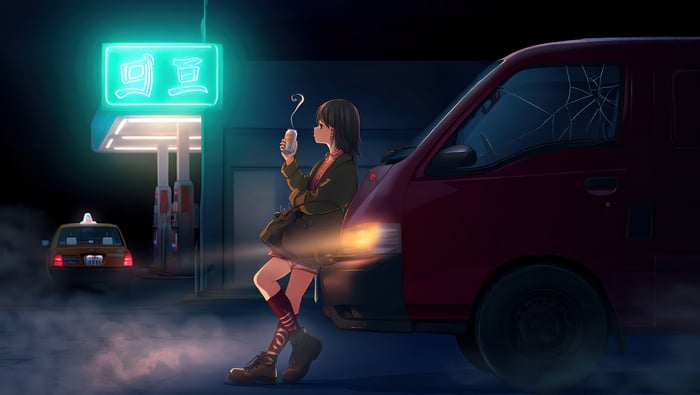 Anime girl drinking at a gas station at night