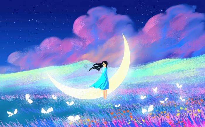 Girl on Crescent Moon in Colorful Field