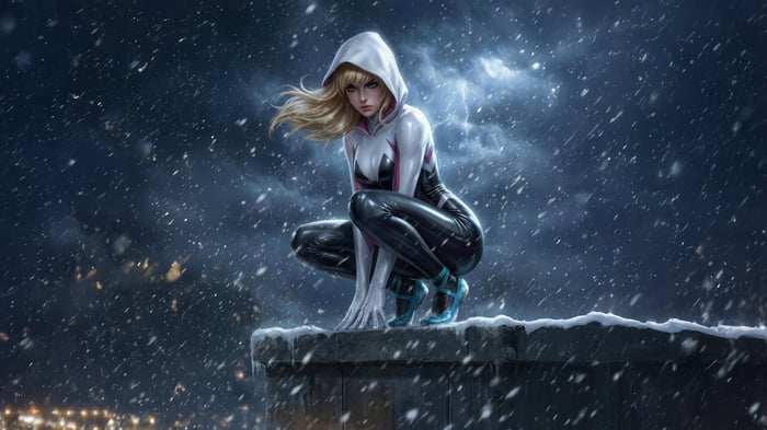 Spider-Gwen crouching on a snowy rooftop