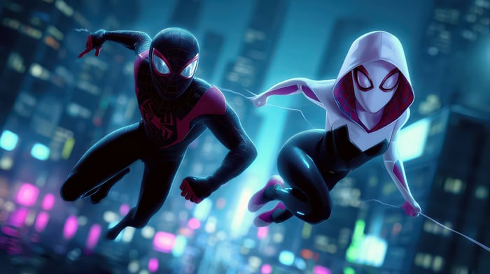 Miles Morales and Gwen Stacy swinging through a city
