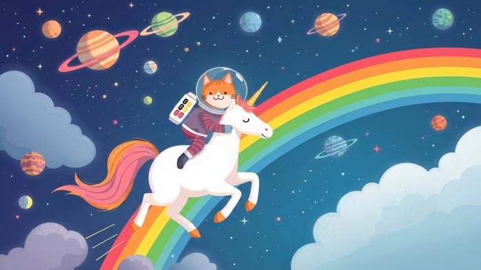 Cat Astronaut Riding a Unicorn on a Rainbow in Space