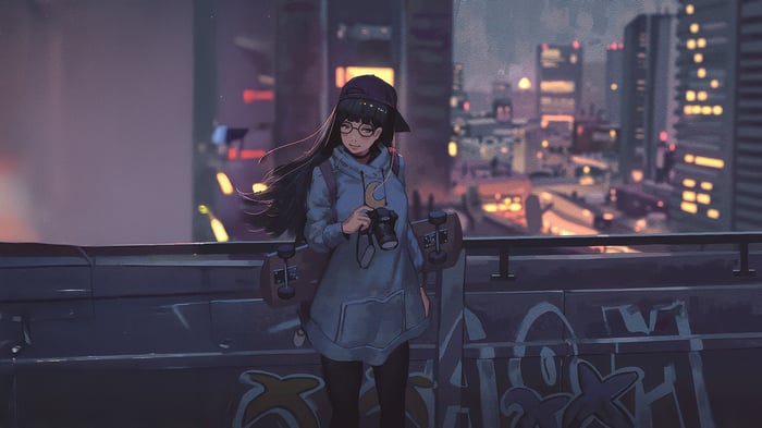 Anime girl with skateboard and camera on rooftop