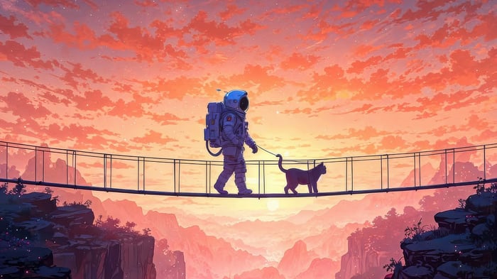 Astronaut and cat walking on a bridge at sunset