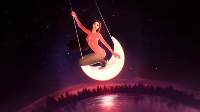 Girl on a glowing moon swing in starry night