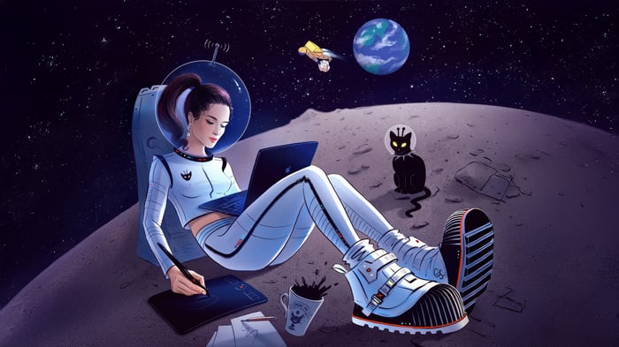 Astronaut girl on the moon with a laptop and cat