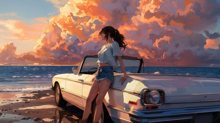 Girl with a classic car at the beach during sunset