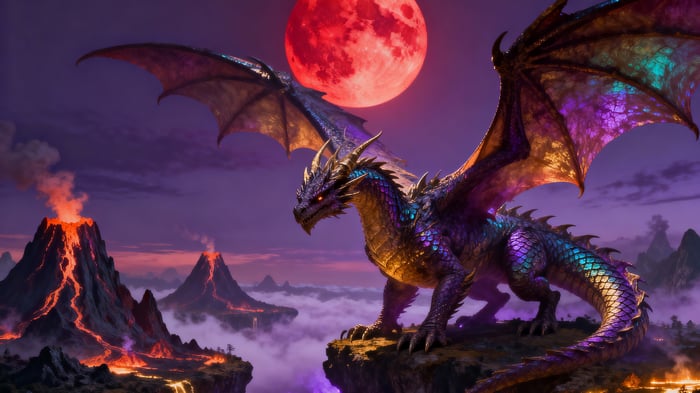 Dragon With Red Moon And Volcanoes