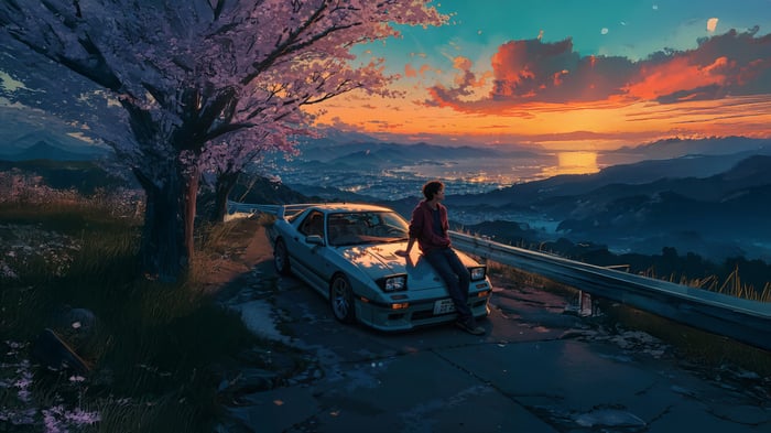 Person sitting on a car with a scenic mountain view
